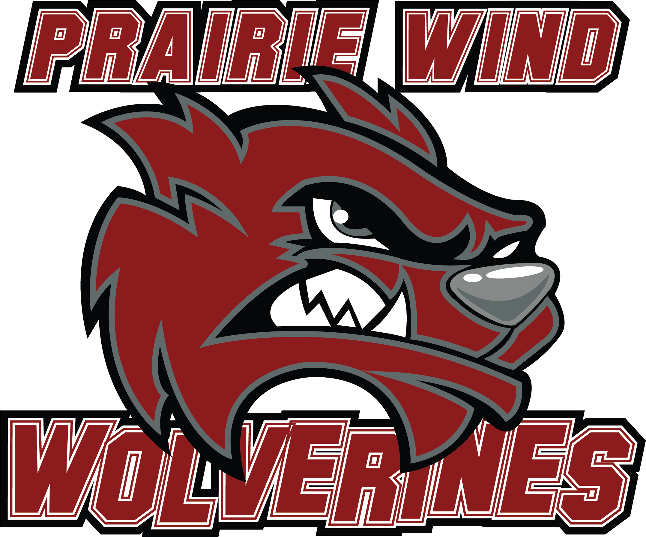 Prairie Wind Elementary School logo, they are the wolverines, colors are dark red, with accent colors of black, gray and white.